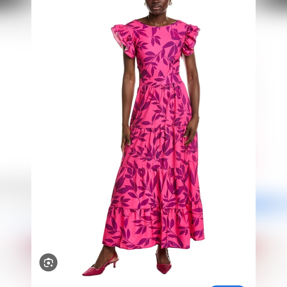 Elegant Pink Leaf Print Maxi Dress